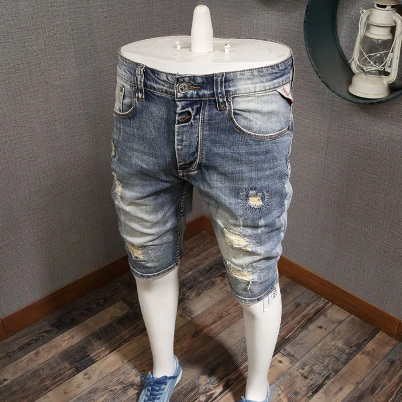 Men Distressed Ripped Patch Jeans Shorts Summer Light Blue Straight Slim Fit Mens Denim Shorts