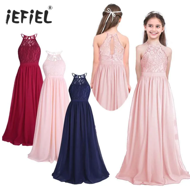 Summer Fashion Flower Girls Dress Wedding  Birthday Party Kids Long Dress Vestido Elegant Halter Neck Floral Lace Princess Dress