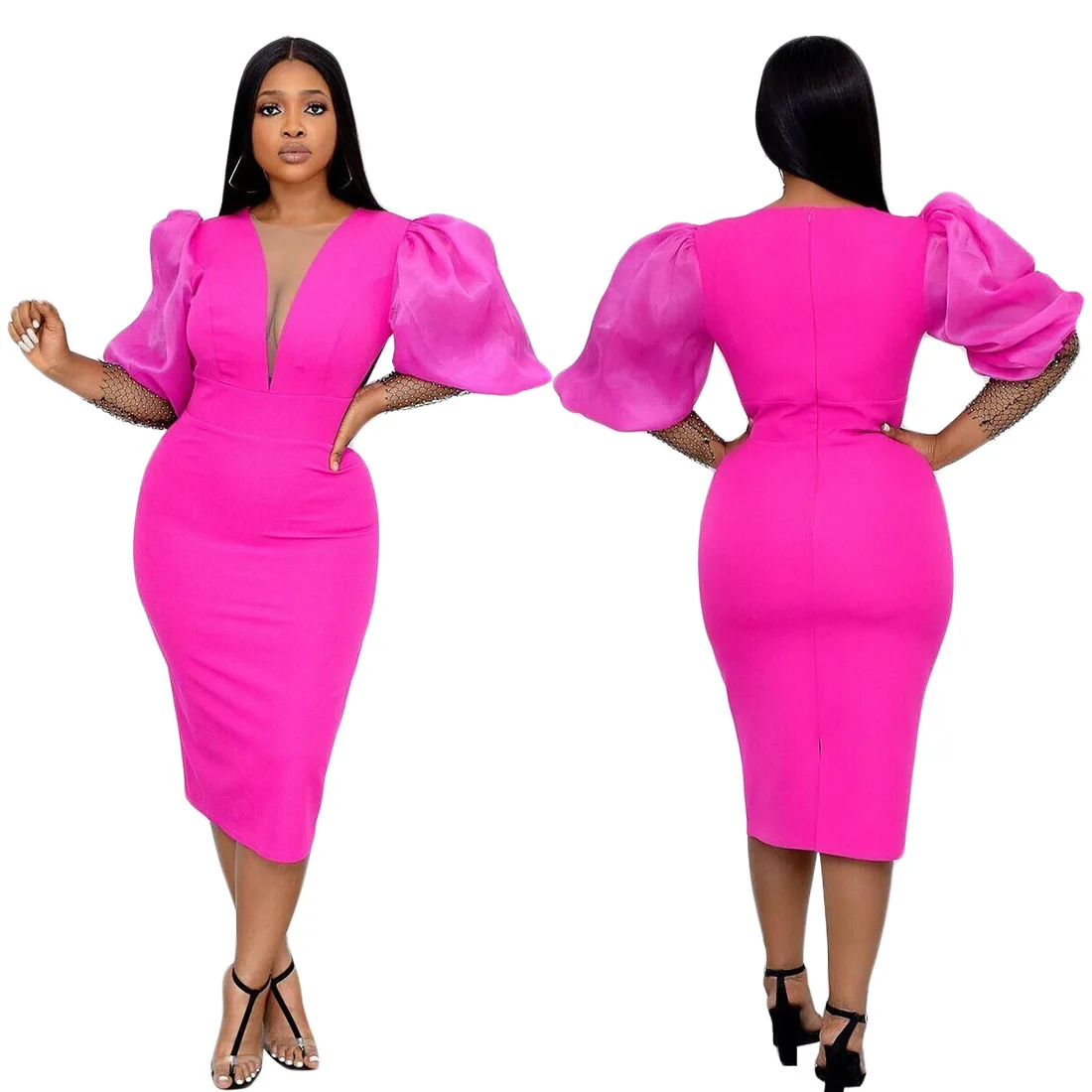 

African Women Elegant Bodycon Dresses Three Quater Sleeves High Waist Office Ladies Work Wear African Dress for Women