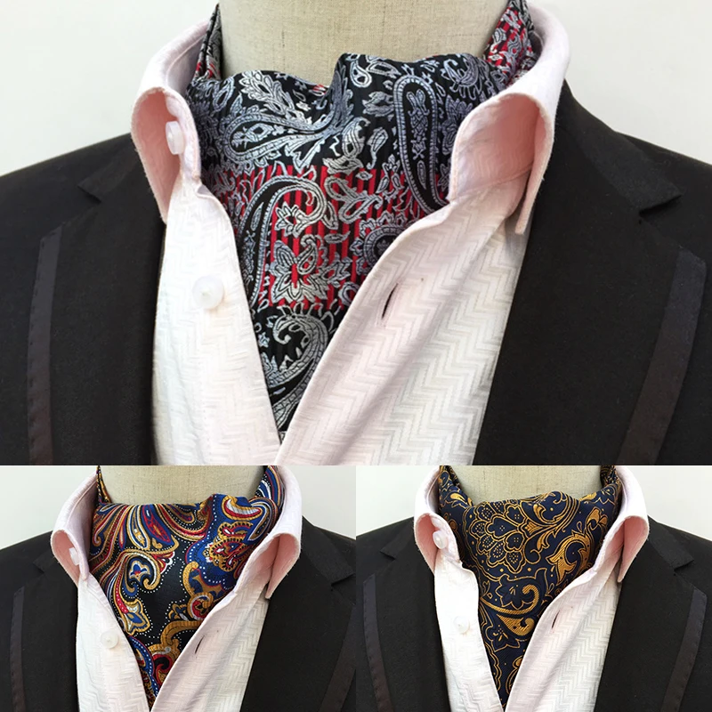 GUSLESON Vintage Men Ascot Vintage Paisley Floral Jacquard Woven Tie Self Cravat Necktie Scrunch British style Gentleman Luxury