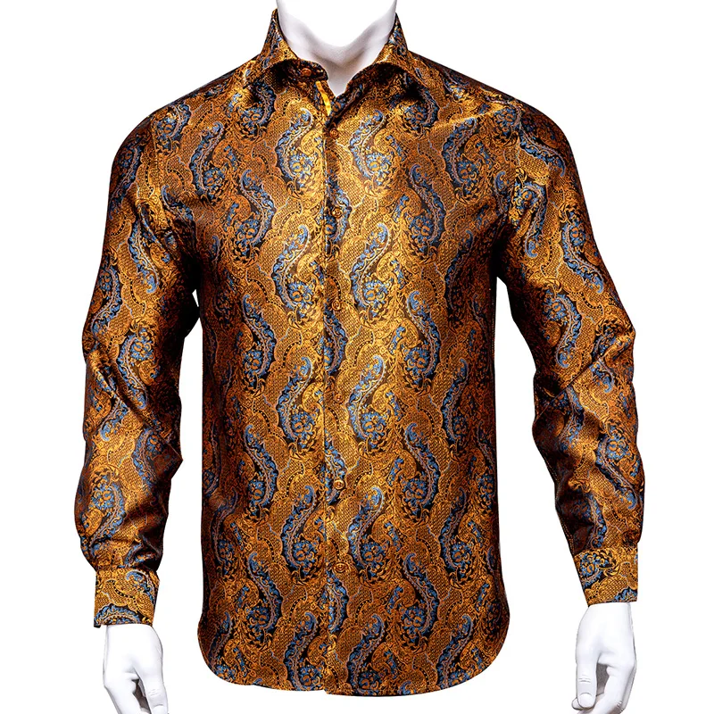 Hi-Tie 100% Silk Luxury Black Gold Embroidery Paisley Dress Shirt Men Long Sleeve Men's Casual Button-Down Shirts Outwear Gift