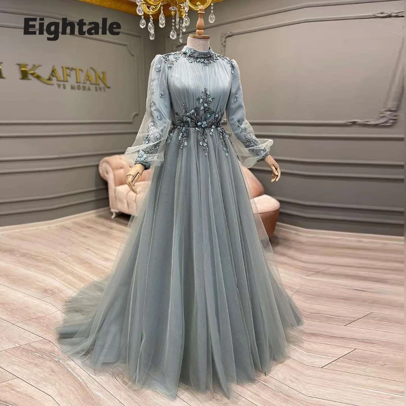 

Eightale Dubai Evening Dresses High Neck Appliques with 3D Flowers A-Line Long Sleeves Arabic Prom Gown Custom Made Party Dress