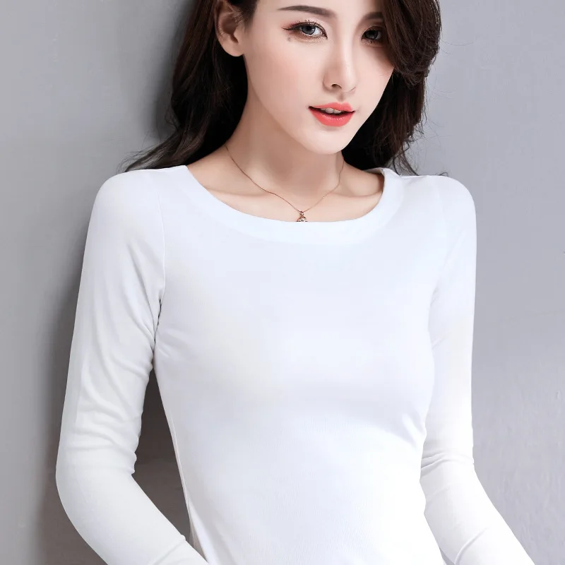 Women Spring Autumn T-shirt Slash Collar Black White Lady Tops Long Sleeve Cotton Women's Clothings Basic Female Shirts