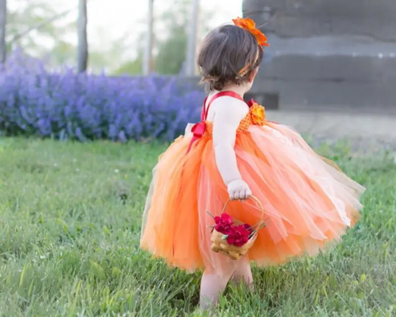 Baby Girls Orange Flower Lace Tutu Dress Kids Tulle Dress Ball Gown with Hairbow Children Birthday Halloween Party Costume Dress