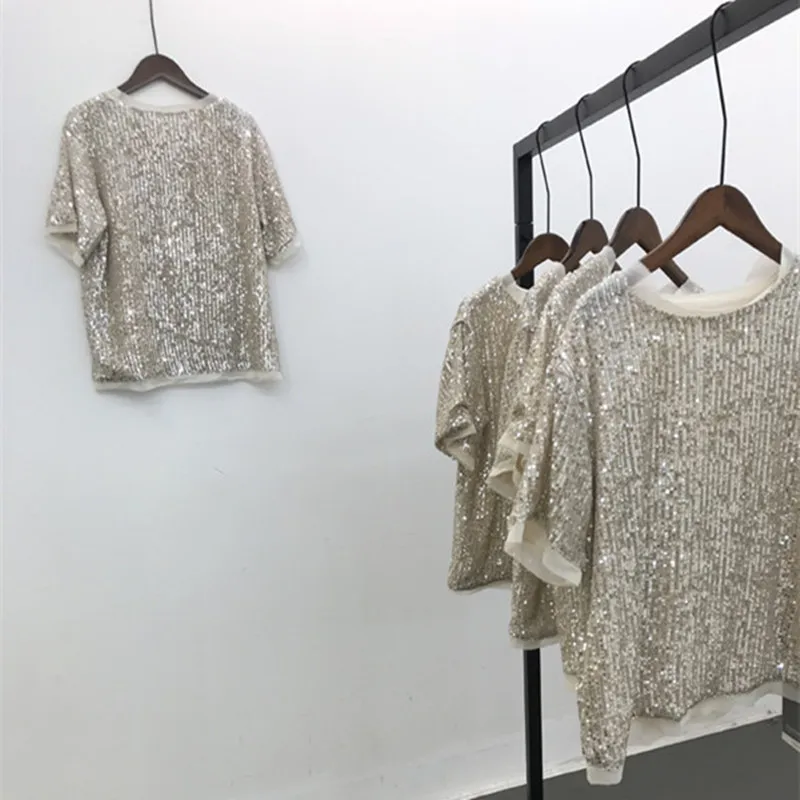 Beige Sequined Short Sleeve O Neck Chiffon splicing sequins Casual T-shirt Women Female Summer New B403