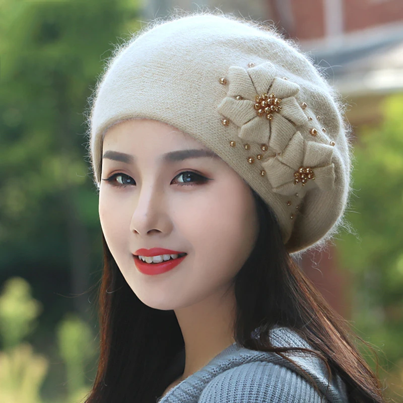 Angora Beret Women Winter Hat Knit Beanie Warm Flower Pearl Casual  Soft Classic Thermal Outdoor Accessory Caps