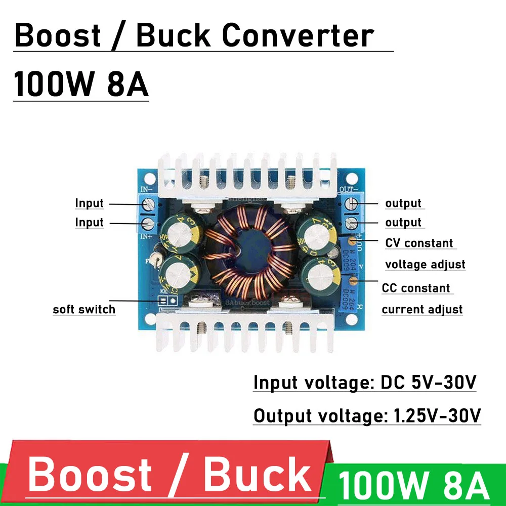 100W DC-DC Boost Buck Converter CC CV 5-30V To 1.25-30V 8A 5V 12V 15V 19V 24V adjust Voltage Regulator Step up down POWER Modul