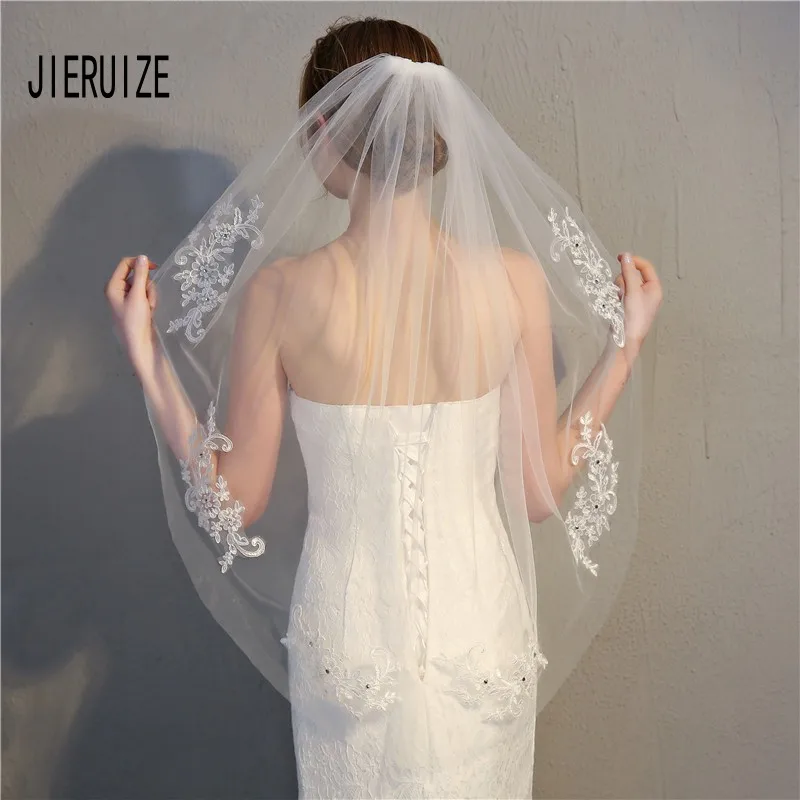 JIERUIZE Short Tulle Wedding Veil  Beading Waist Length Lace Appliques Bridal Accessories With Comb Voile Mariage