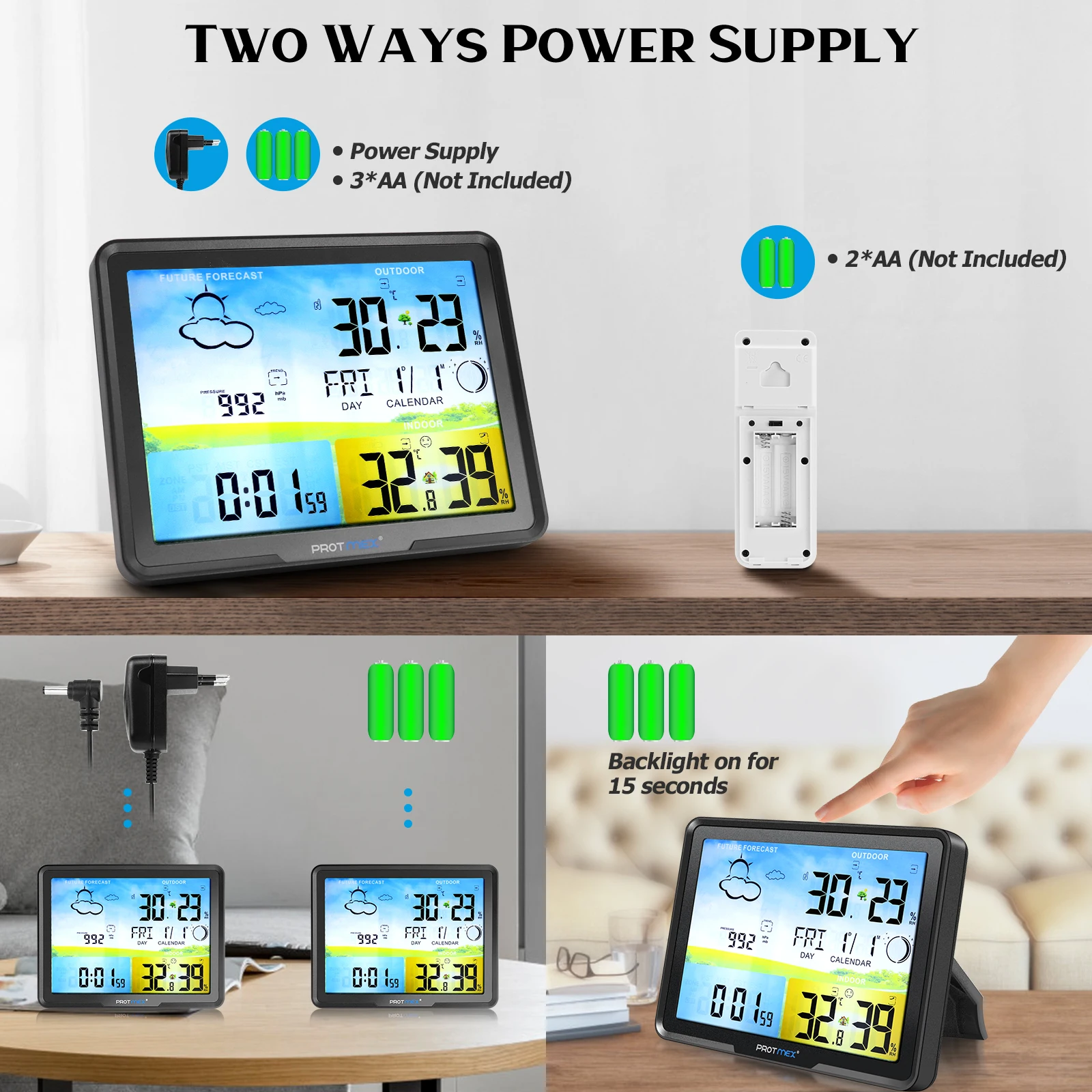 Protmex 20C Stasiun Cuaca Hygrometer Prakiraan Digital Suhu Kelembaban dengan 3 Sensor Nirkabel Monitor Dalam Ruangan Luar Ruangan 7.5"