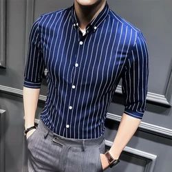 Spring Summer Men's Three Quarter Casual Shirts Fashion Striped Slim Fit Square Collar Korean Style Business Formal Shirt Men