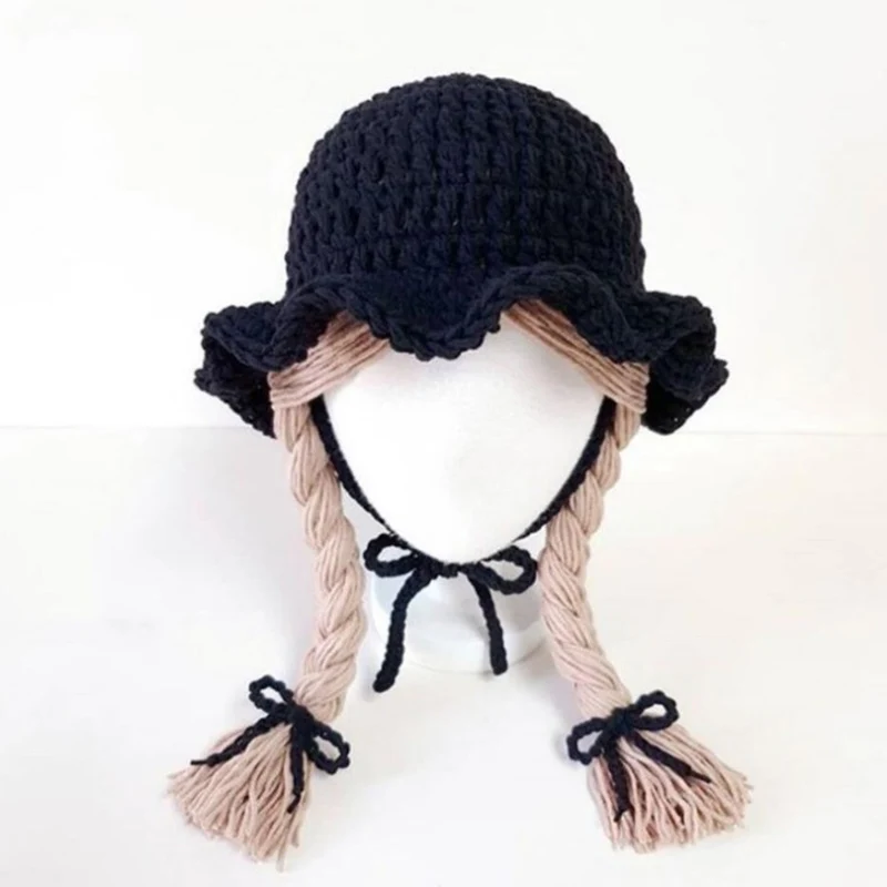 Peluca suave y cálida para niños y niñas, gorro de princesa con trenza grande, tejido para fiesta de cumpleaños y Navidad, 48-52cm, Invierno