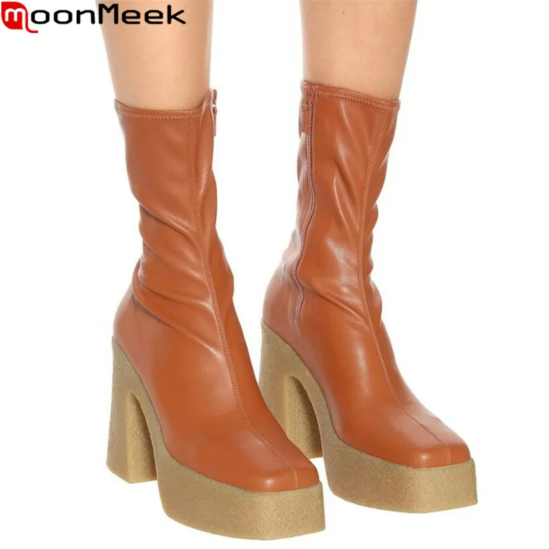 

MoonMeek Plus Size 33-41New 2021 Fashion Women Boots Sexy High Heels Square Toe Ladies Shoes Simple Platform Ankle Boots Black