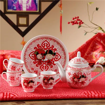 

Ceramics Tea Set Creative Wedding Red Teacup Cold Kettle Home Teapot Chinese Style Kung Fu Black Tea Da Hong Pao Teaware