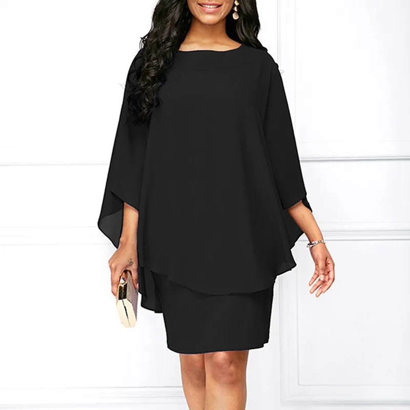Chiffon Dress Women Casual Fashion Fake Two Pieces Batwing Sleeve O-neck Elegant Cape Dress