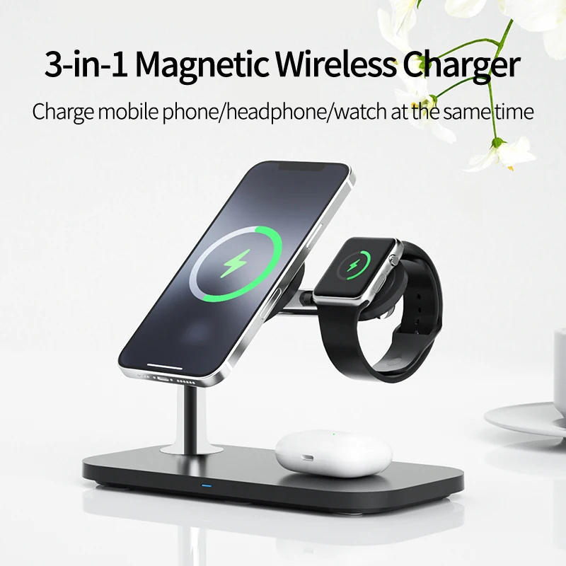 15W Magnetic Wireless Charger Dock for iPhone 12 13 Pro Max Desktop Phone Stand Wireless Charger for AirPods Pro Apple Watch 7