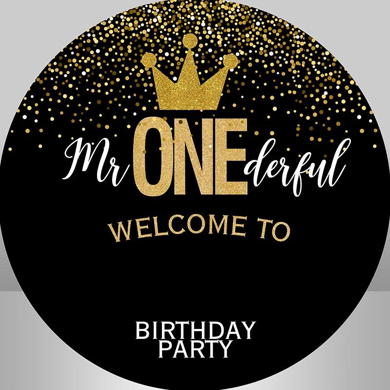 Black Gold Glitter Crown Mr Onederful Round Backdrop Cover Boys Newborn Baby Shower 1st Birthday Party Circle Background