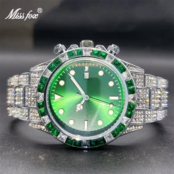 MISSFOX Watch For Men Classic AAA Iced Diamond Watches With Green Baguette Bezel Luminous Waterproof Clock Luxury Gifts For Men