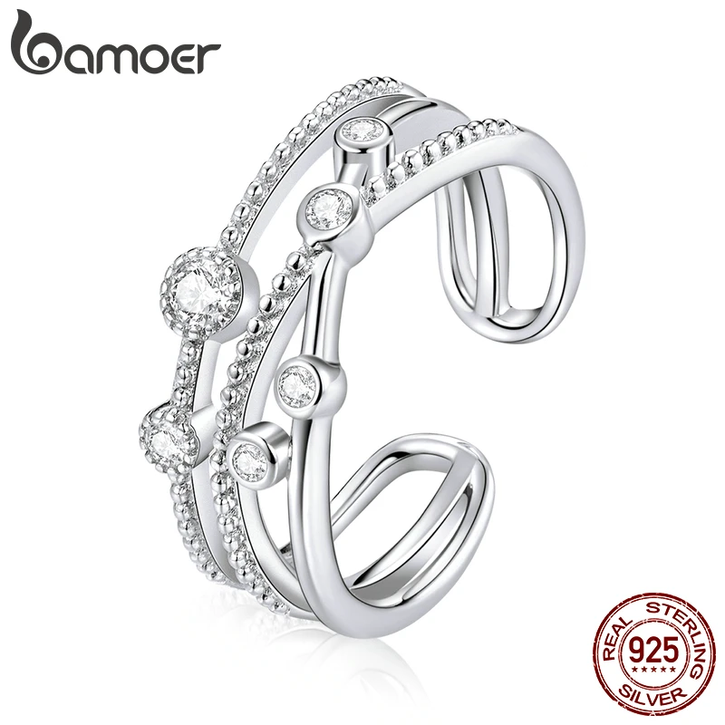 bamoer 925 Sterling Silver Shining Stars Finger Rings for Women Vintage Stackable CZ Rings Band Silver Fine Jewelry BSR162