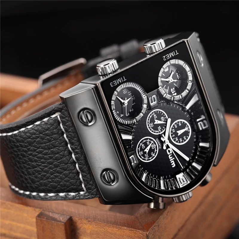 Oulm Unique Sport Watches Men Luxury Brand Three Time Zone Wristwatch Male Quartz Big Dial Leather Watch relogio masculino