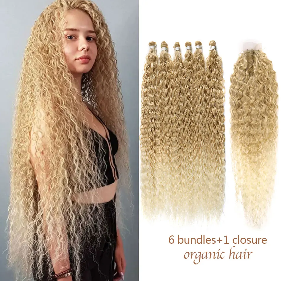 Synthetic Water Wave Hair Bundles With Closure 7Pcs/Pack Full Head  30 inches Black Extensions Ombre Organic Fake Hair