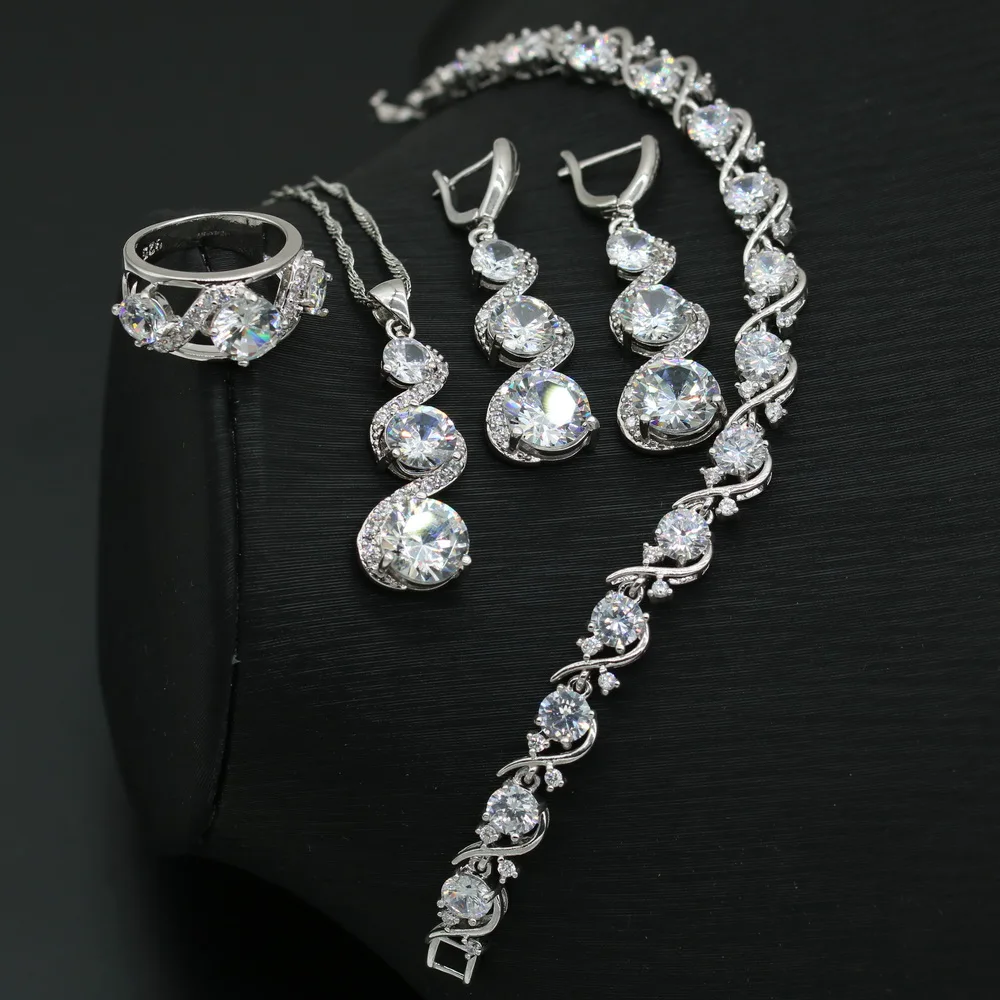 XUTAAYI  925 Silver Wedding Jewelry Sets For Women White Topaz Bracelet Rings Bridal Pendant  Necklace Earrings For Women