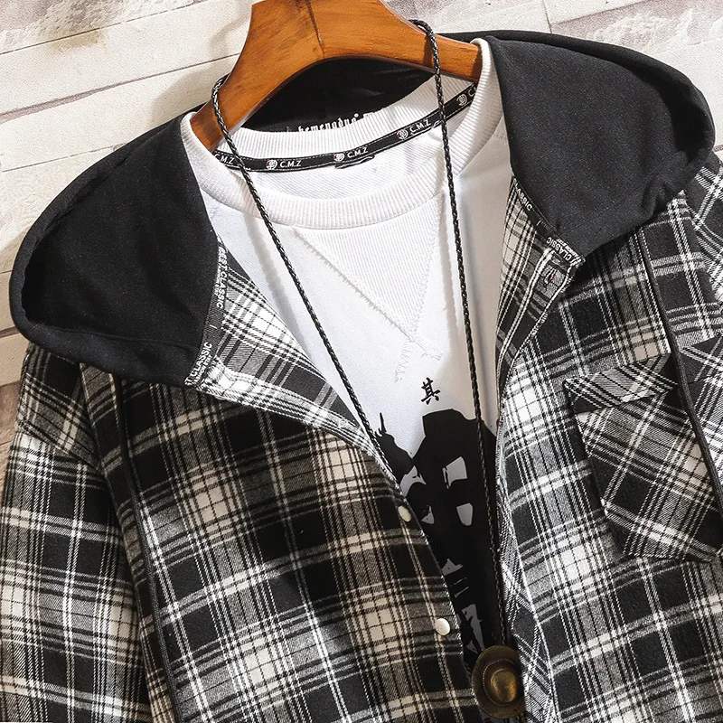 Autumn 2024 Hood Plaid Shirt Men Long Sleeves Fashion False Two Piece Loose Streetwear Casual Shirts For Men Plus Size