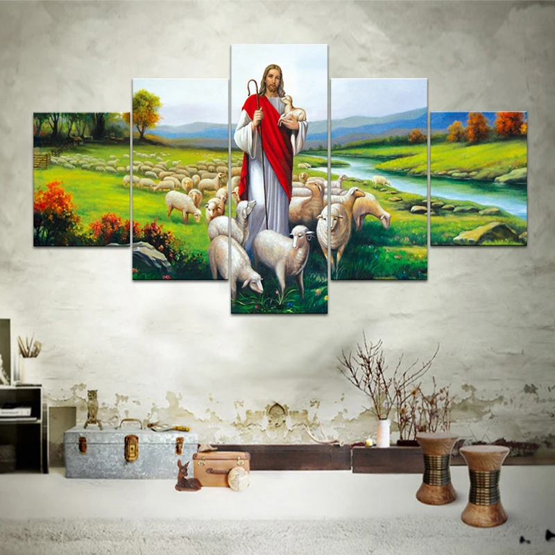 Jesus And Sheep Poster Painting 5 Pieces Canvas Wall Arts Christian Faith Picture Print Living Room Bedroom Mural Home Decor