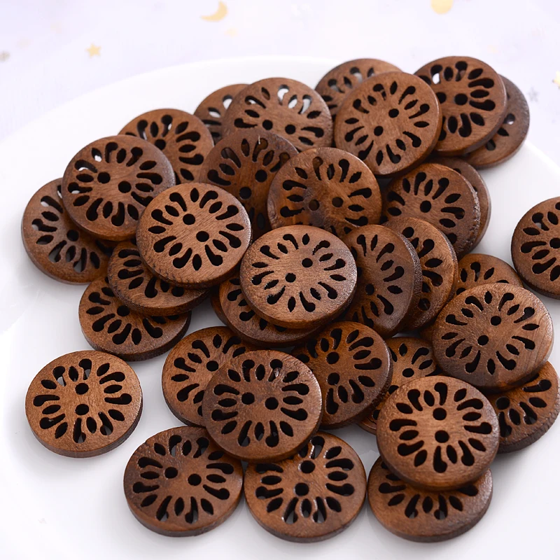 18mm 30Pcs Hollow Chrysanthemum Shape Wooden Buttons Cute Round Dark Brown Pattern Buttons For Clothes DIY Garment Accessoies