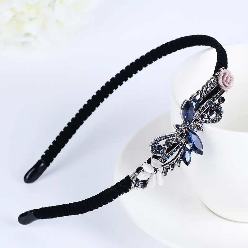 Korean Shining Red Blue Gray Rhinestone Women Headband Flower Crown Butterfly Bow Festival Fantastic Hair Accessories Fascinator