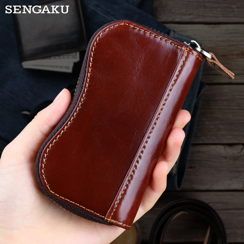 Cartera de piel auténtica Vintage para hombre, portatarjetas de crédito, monedero, bolsa de almacenamiento con cremallera