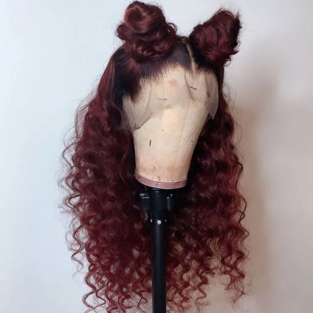 Perruque Lace Front Wig frisée naturelle-Heradband, cheveux humains, pre-plucked, Deep Wave, InjBase Full Lace, u-part, 99J, rouge bordeaux ombré, 13x6, 360