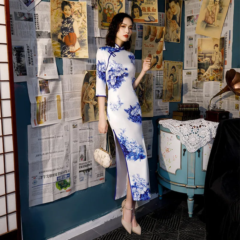 SHENG COCO Women Classic Blue White Cheongsam Evening Dress Half Long Sleeve Cheongsam Long Show Silk Novelty Oriental Costumes