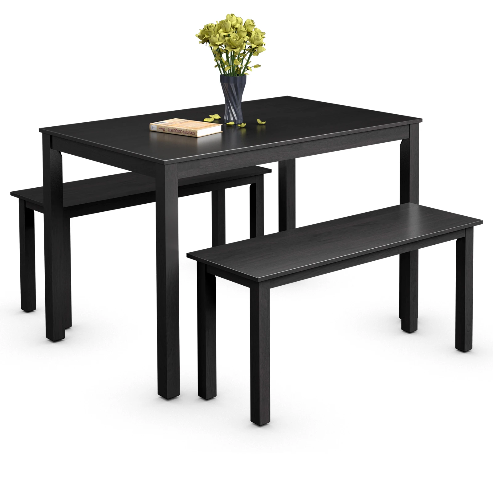 3pcs Dining Set Modern Studio Collection Table with 2 Benches Wood Legs