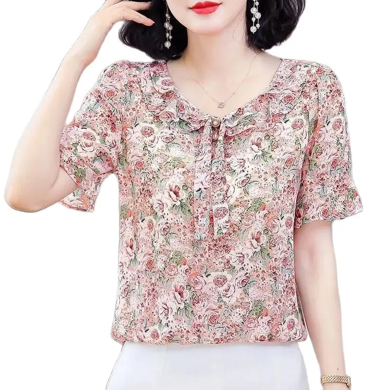 Women Spring Summer Style Chiffon Blouses Shirts Lady Casual Short Flare Sleeve Bow Tie Collar Chiffon Blusas Tops DF4116