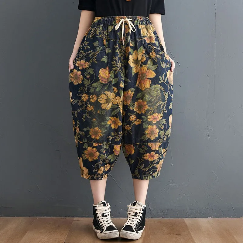 Imagem -04 - Calça Jeans Feminina Folgada Peça Calça Feminina Cigarrete Folgada Estampa Floral Vintage de Cintura Alta na Moda 2023 S3698