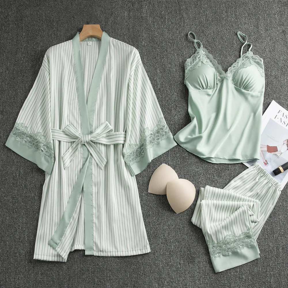 

Lady Stripe 3PCS Pj's Sets Summer Lace Pajamas Summer Kimono Robe Gown With Trousers Strap Nightgown Three Pieces Home Clothes