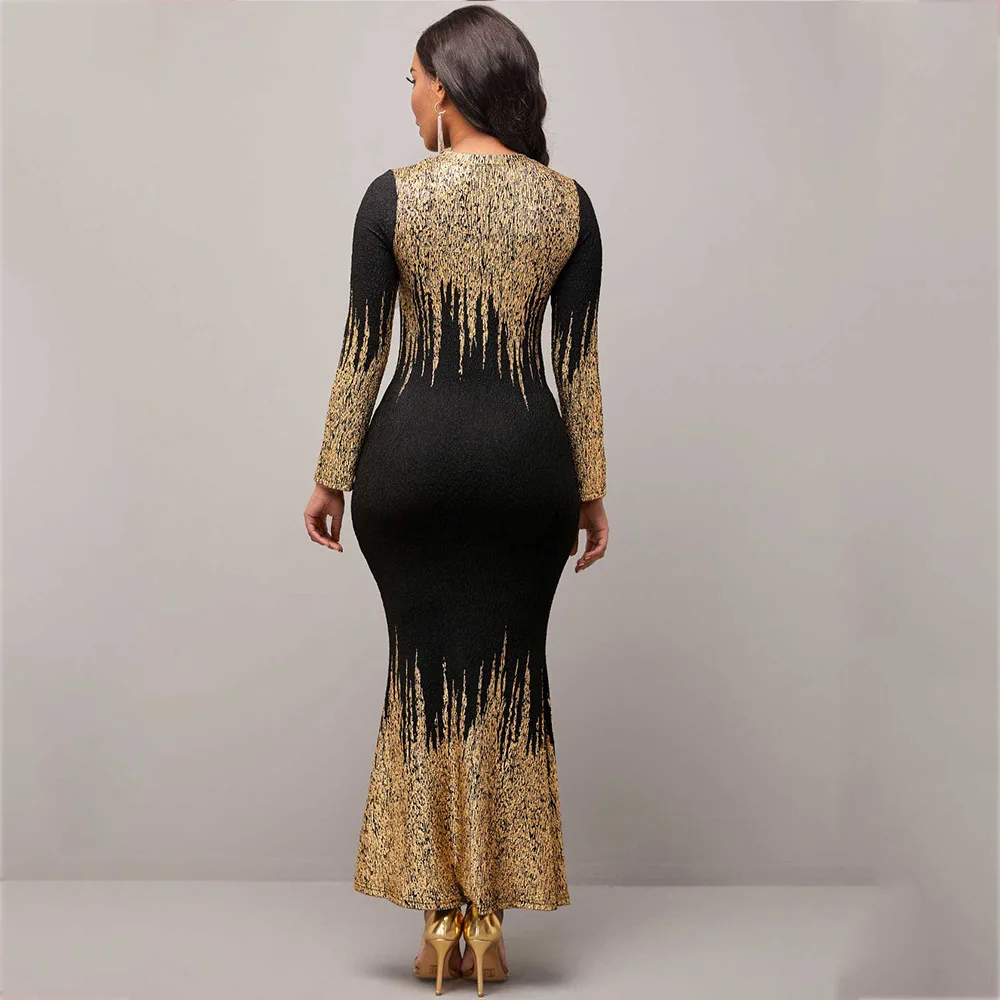 Elegant Bronzing Glitter Long Dress for Women O Neck Long Sleeve High Waist Bag Hip Mermaid Bodycon Dresses Party Evening Robe