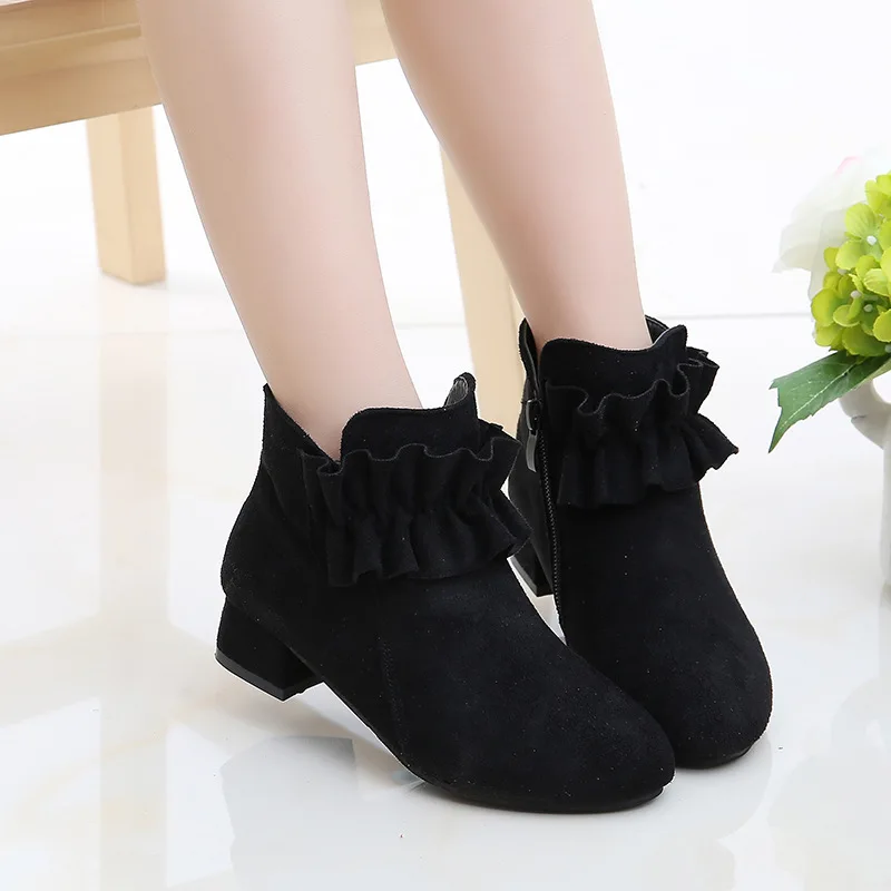 2021 New Fashion High Heel Children Shoes For Girls Flower Autumn Leather Boots Ankle Kids Boots 4 5 6 7 8 9 10 11 12 Year Old