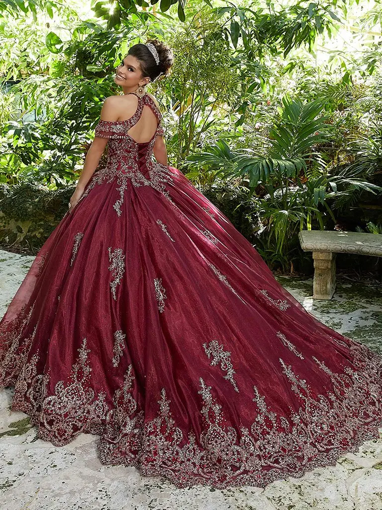 Vestidos de Quinceañera de Borgoña, vestido de bola con hombros descubiertos, apliques de Organza con cuentas, 16 vestidos