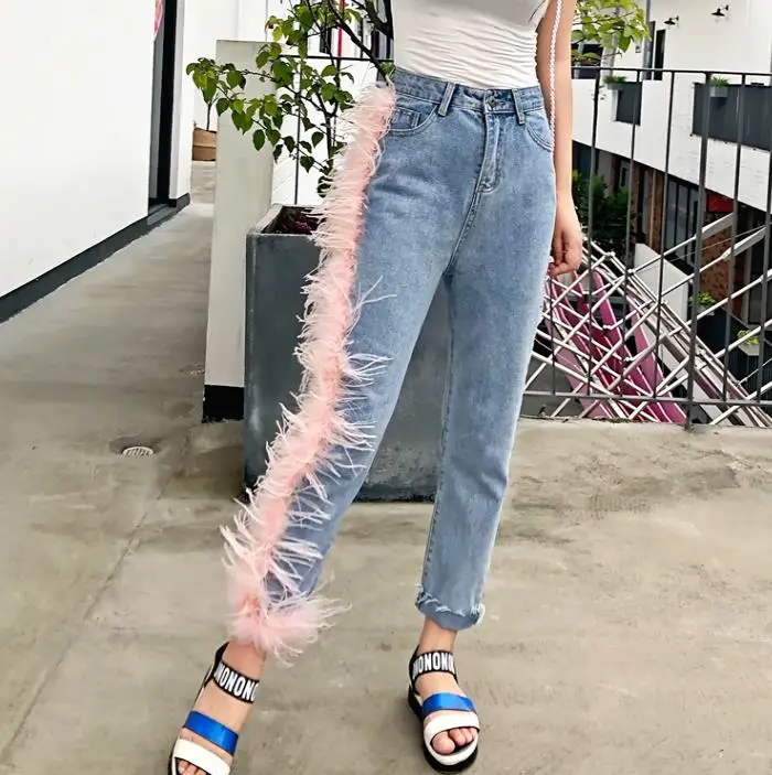 New Women High Waist Tassels Patchwork Jeans Female Pants Pink feather hair asymmetric irregular jeans