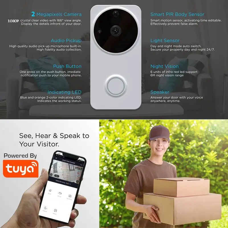 1080P WiFi Video Doorbell Tuya Security Doorbell Camera with PIR Motion Detect Intercom Doorbell APP support Alexa Google Home