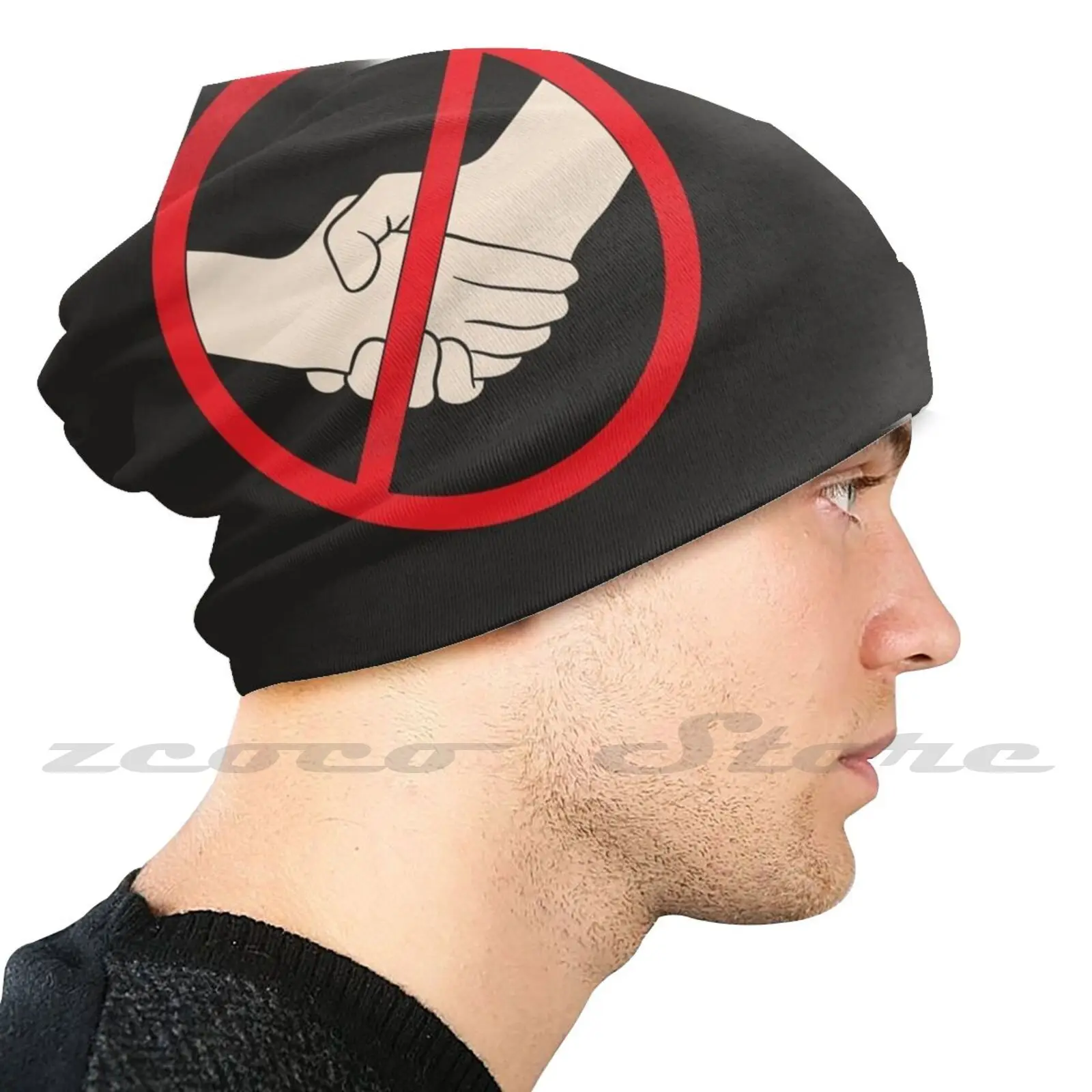 No Handshake Sign Personalized Pattern Knit Hats Plus Size Elastic Soft Cap No Handshake No Handshakes Do Not Shake Hands Avoid