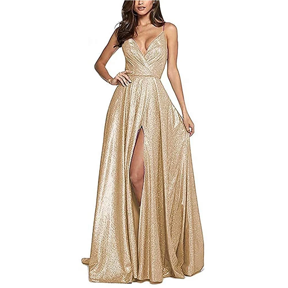 Sexy Pailletten V-ausschnitt Abendkleid Ball Split Lange EINE Linie Kleid платье женское вечернее robe de soirée femme فساتين السهرة