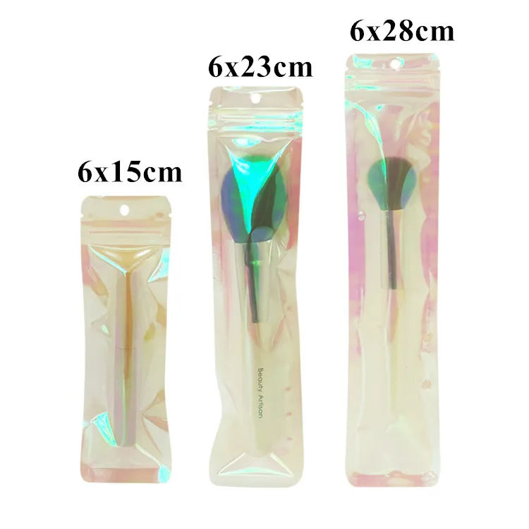 100pcs Resealable Hologram Iridescent Zip Lock Packaging Bag Makeup Cosmetics Brush Watch Data Lines Knife Fork Spoon Pouches