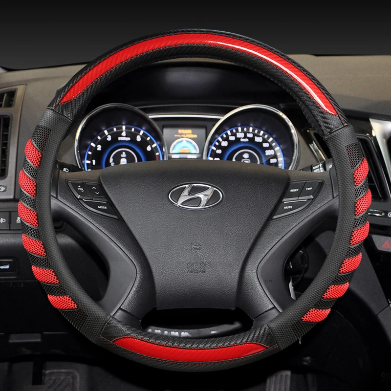 

Carbon Fiber Leather Steering Wheel Cover for hyundai solaris veloster ix35 kona accent i40 santa fe ioniq getz Auto Accessories