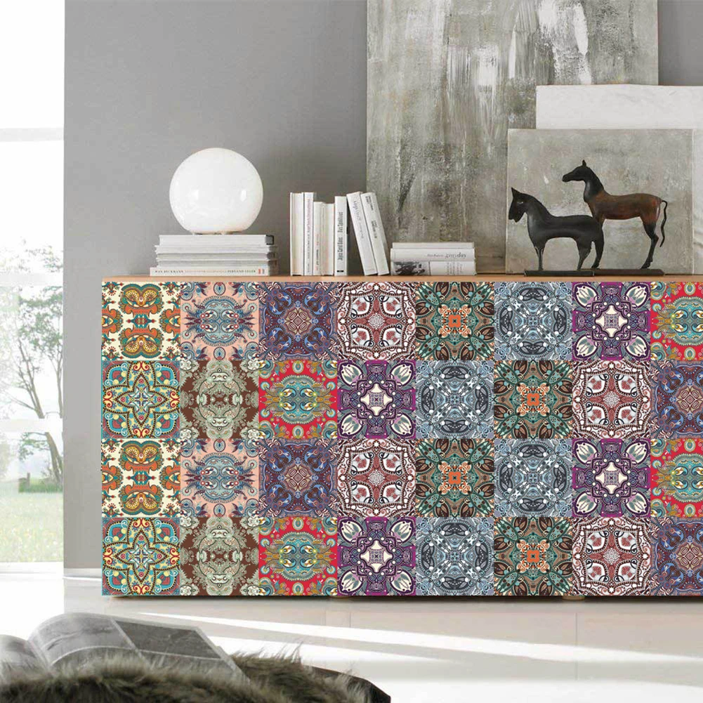Pegatina de pared autoadhesiva para baño y cocina, calcomanía de Mandala de 10 piezas, murales coloridos, decoración del hogar, 10x10cm