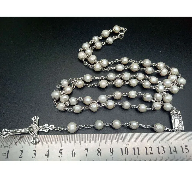 Religious Natural Freshwater Pearl Rosary High Quality Curved Needle Cross Necklace Catholic And Can Be Given As Gift Can Prayer