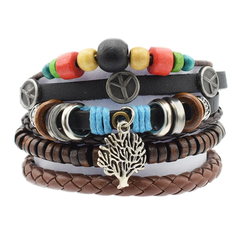 Vintage Multi-layer Bead Leaf Charm Leather Bracelet Men Fashion Braided Handmade Star Rope Wrap Bracelets & Bangles Male Gift