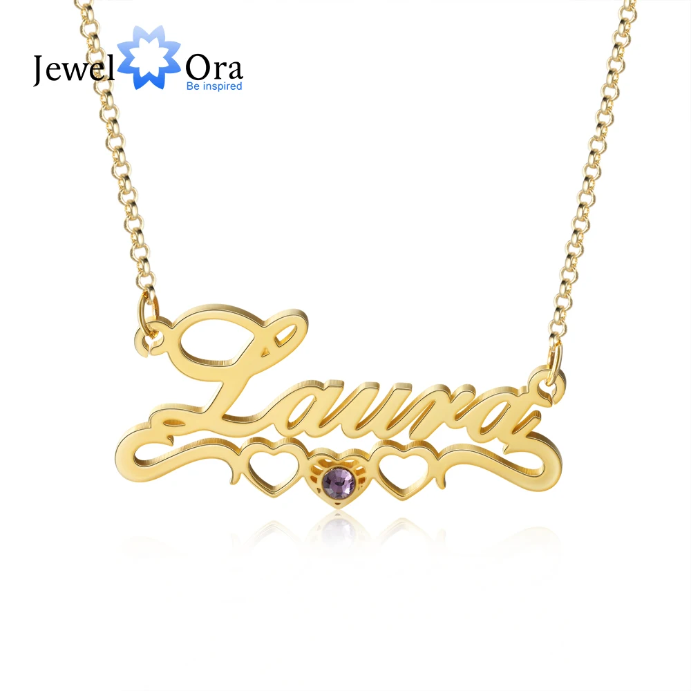 

JewelOra 925 Sterling Silver Custom Name Necklace with 2 Hearts Personalized Birthstone Nameplate Pendant Mothes Day Gifts
