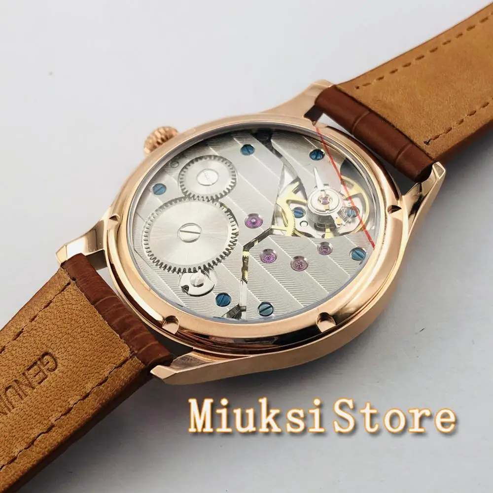 Parnis Men's Popular Mechanical Watch Rose Gold Case White Dial Sea gull 3600 hand winding movement Leather Strap Men's Watch images - 6